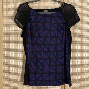 ANNE‎ KLEIN Women 14 Geometric Netting Top Sleeveless Purple Blue Business Party